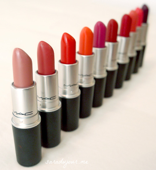 MAC top 10 lipsticks L to R: Creme Cup, Crosswires, Lady Danger, Morange, Girl About Town, Russian Red, Ruby Woo, Vegas Volt, Impassioned, and Rebel.