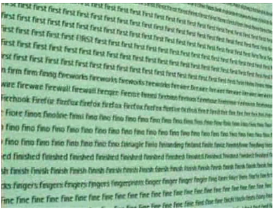 Screen capture from "Every Word I Saved" series by Cristobal Mendoza. Photograph of a screen with the words "first", "fireworks", "firewall", firefox", "faceboook", "fino", "finish", "fingers", and "fine" repeated numerous times.