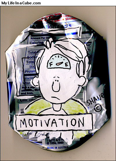 Cartoon of a guy with 'empty' fuel gauge on his head with the word motivation underneath. The cartoon is done on a Red Bull energy drink can