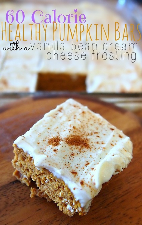 60 Calorie Healthy Pumpkin Bars With A Vanilla Bean Cream Cheese Frosting!