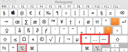 alternative characters in the Portuguese keyboard layout with the <code>alt</code> key pressed