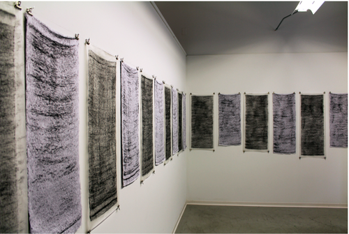 John Paul Morabito, (From Sight to Touch) As One Becomes Another, 2012, hand jacquard woven cotton and synthetic yarn, charcoal on tracing paper, photo by Aram Han