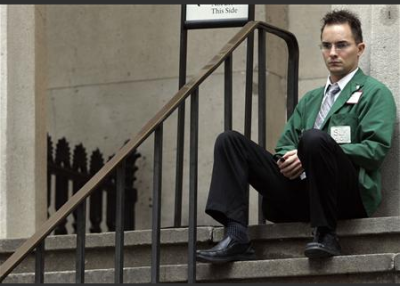 Morrissey steps outside for a needed break from the carnage on the trading floor.