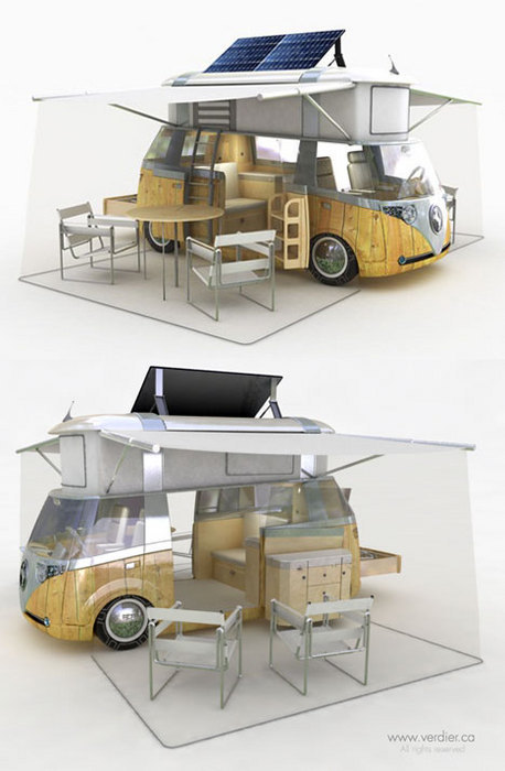 nickmcglynn:  An idea that started way back in 1994 and sadly never went anywhere is designer Alexandre Verdier’s Westfalia Verdier Solar Power vehicle. Like VW’s fabled Magic Bus, Verdier hoped to build a culture around a recreational vehicle that would attract the countercultured. Features of the VSP: - Rooftop sun-tracking solar panels - Pneumatic suspension for better stabilization in a stationary position. - Sliding half-door on the passenger side with integrated folding staircase - Passenger seat that mechanically transforms into stairs to provide access to second-stage area - Swivel cooking range enables both indoor and outdoor cooking - In the second stage area, a dividing wall with a sliding door and multiple windows - Multimedia computer  The design won Germany’s Caravaning Design Award in 2006…and promptly dropped off the face of the Earth. Their poorly-done media kit, filled with grammar errors, typos, and bad layout, serves as a reminder that these days, having a good concept without the business acumen behind it just isn’t enough.  Would love to see something like this become a reality, though multimedia computer?? Interesting, too, that my ‘65 VW has a lot of these features (swivel cooking range, awning for outdoor seating), plus wood interior, ice box, and a little wardrobe. And why the white Wassily chairs? I’d like to get the folding Tripolinas the DWR included in their Airstream package.