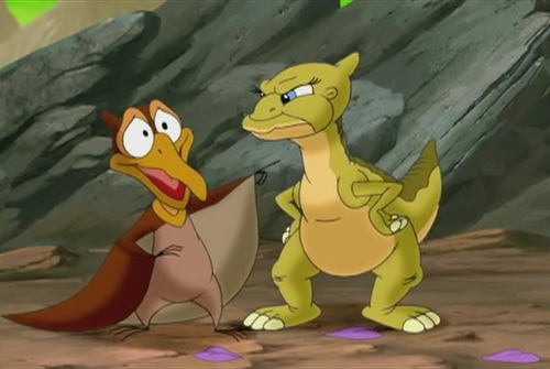 Imagine Petrie and Ducky from The Land Before Time: