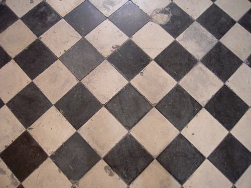 black and white tile kitchen floor. Existing lack and white pasta