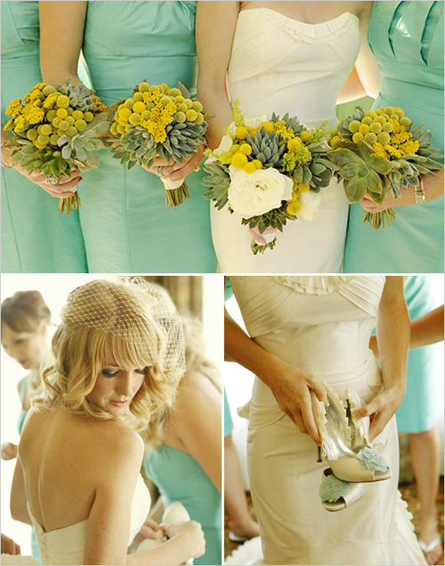 Yellow and teal long beach wedding Love the colours Super cute details