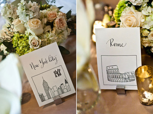 Destination wedding table cards and seating chart with sweet illustrations