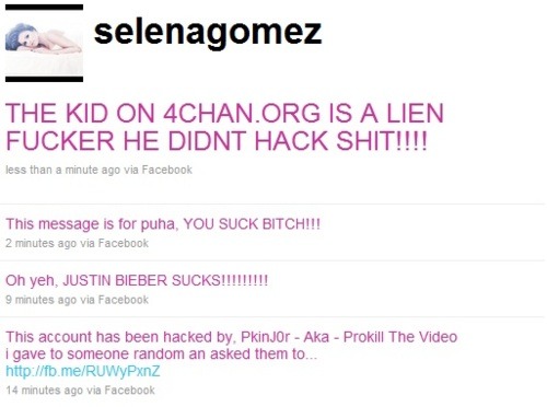 selena gomez facebook hacked. Selena Gomez Gets Hacked On Facebook amp; Twitter! Here is the video the hacker left: http://www.youtube.com/watch?vXbjWSAtMASw