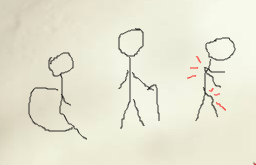 drawing of a person in a wheelchair, drawn in the style of the usual disability symbol, next to a person with a cane and a person with red lines coming from their back and leg