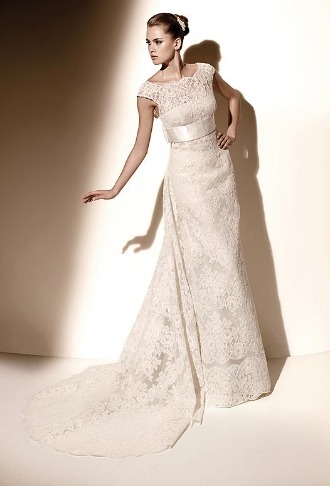Sheath Bateau Floor Length Attached Lace Wedding Dress Style Euridice by 