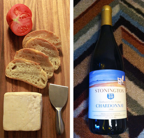 Cheese, baguette, tomatoes, and chardonnay
