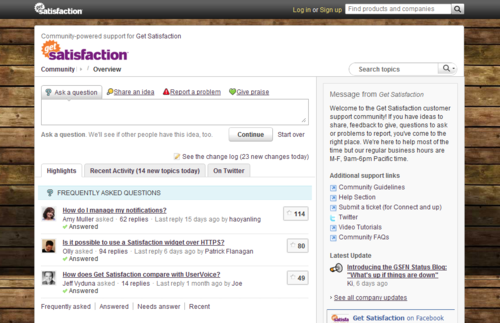 screenshot of get satifaction website