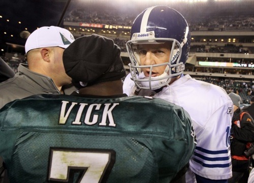 Michael Vick Peyton Manning Post Game Embrace Eagles Colts