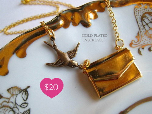 Necklace with Envelope Locket and Bird. Good News. Gold Plated