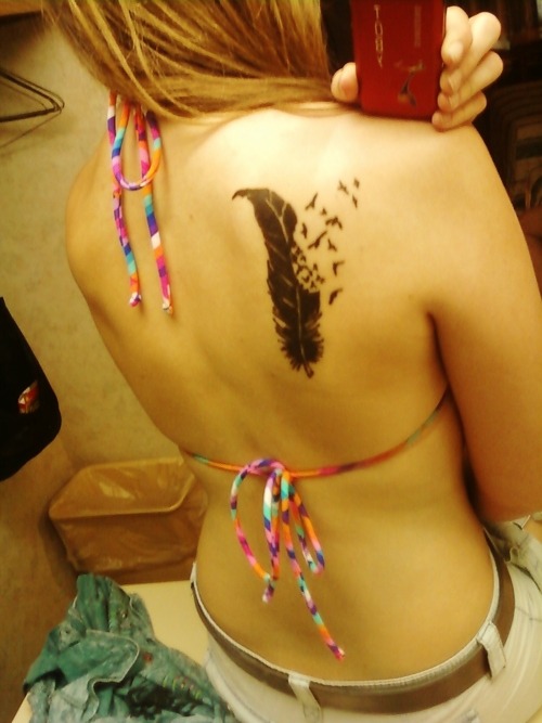 Upper Back Bird Crow Feather Tattoo Picture 5