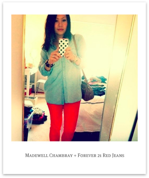 madewell chambray ex-boyfriend shirt forever 21 red jeans