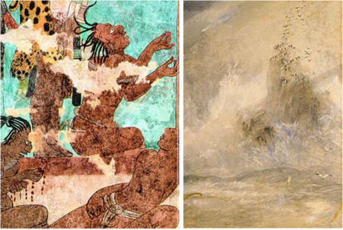 Left: Bloodletting Ritual, c. 790, fresco.  The Temple of Murals (Structure 1), Bonampak, Chiapas, Mexico; Right: J.M.W. Turner, Long Ship's Lighthouse, Land's End, 1834-1835, watercolor and bodycolor.  The Getty Center, The J. Paul Getty Museum, Los Angeles