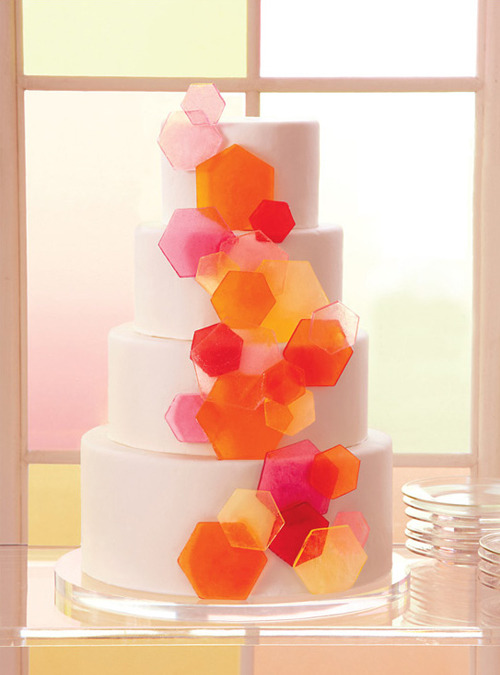 wedding cake white orange pink hexagon