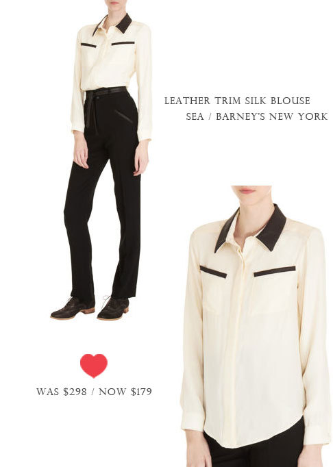 barney's new york leather trim silk blouse sea beige black