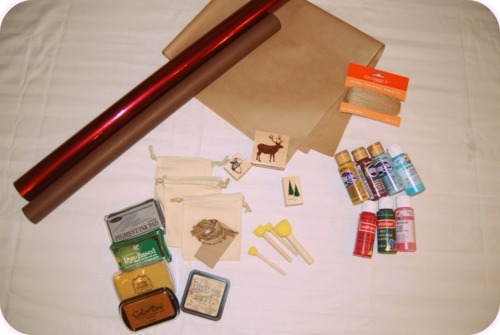... stamps, cotton muslin drawstring bags, and round sponge paint brushes