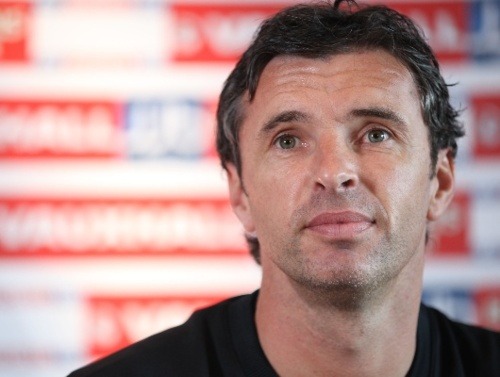 Gary Speed at a press conference for the Welsh national team
