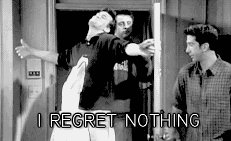 Black and white gif of three men barging into a room with the caption "I regret nothing"