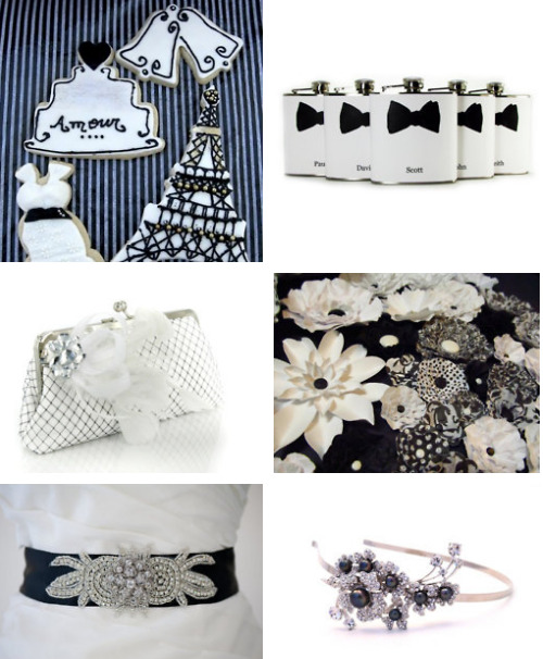 Black and White Parisian Cookies Bow Tie Wedding Flasks White Bridal 