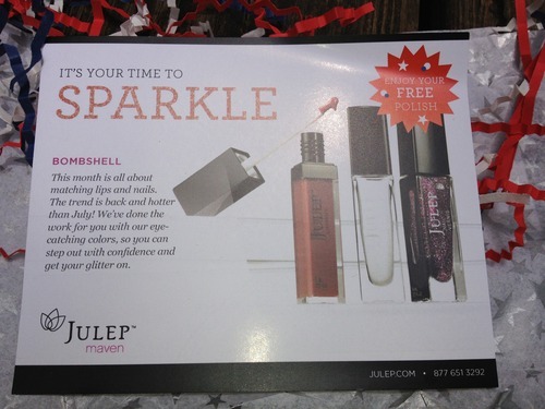 Inside the July 2012 BOMBSHELL box: Julep lip gloss in Zinnia; Julep nail