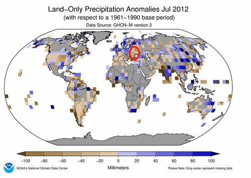 Precipitation anomalies July 2012