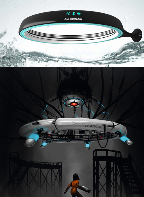 A conceptual 'air shower curtain' juxtaposed with concept art of an early design for GLaDOS, with a similar ringlike shape