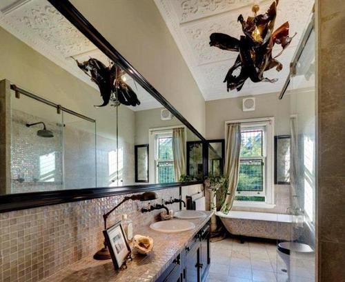 An almost original bathroom, ceiling is Victorian, the light is very Gothic