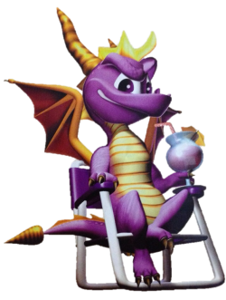 image of spyro sitting in a beach chair holding a fruity drink and smirking.