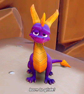 gif from spyro 1 from the reignited trilogy. he is finishing the sentence from the previous gif by saying 'born to glide!'