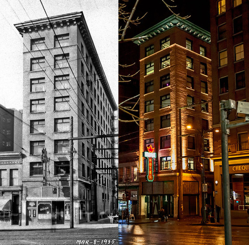 The old Washington Hotel restored to its original look and name, the Maple Hotel (1935 and 2015).