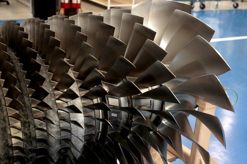 The turbine of an “aeroderivative” power plant. Image credit: GE Distributed Power