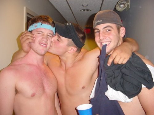 Shirtless frat boys kissing