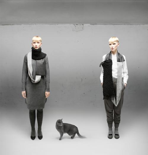 models wearing models wearing grey and black geometric scarf for cause and yvette 